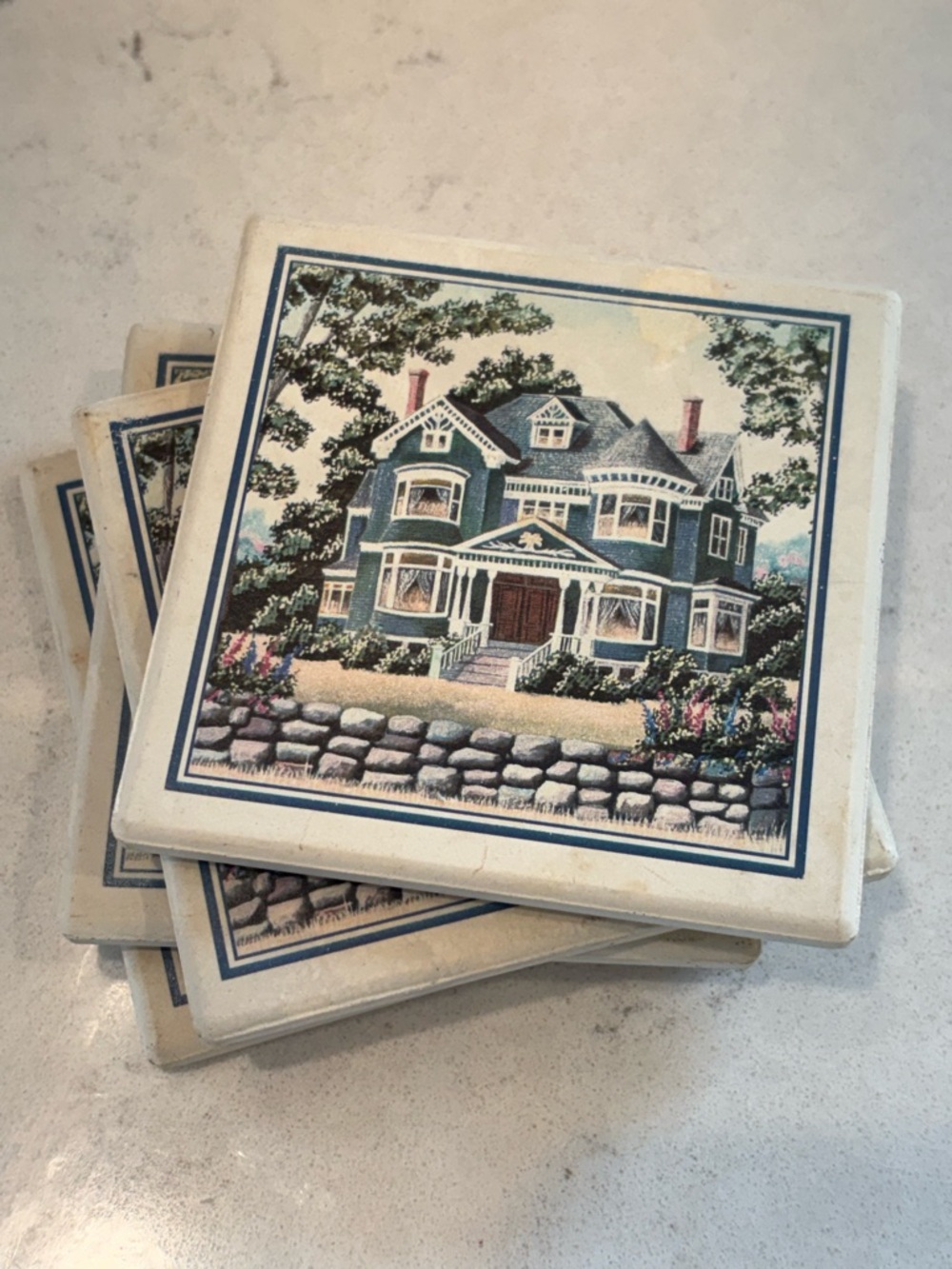 Vintage Victorian House Ceramic Coasters Set of 4 Cork Back Cottagecore Decor